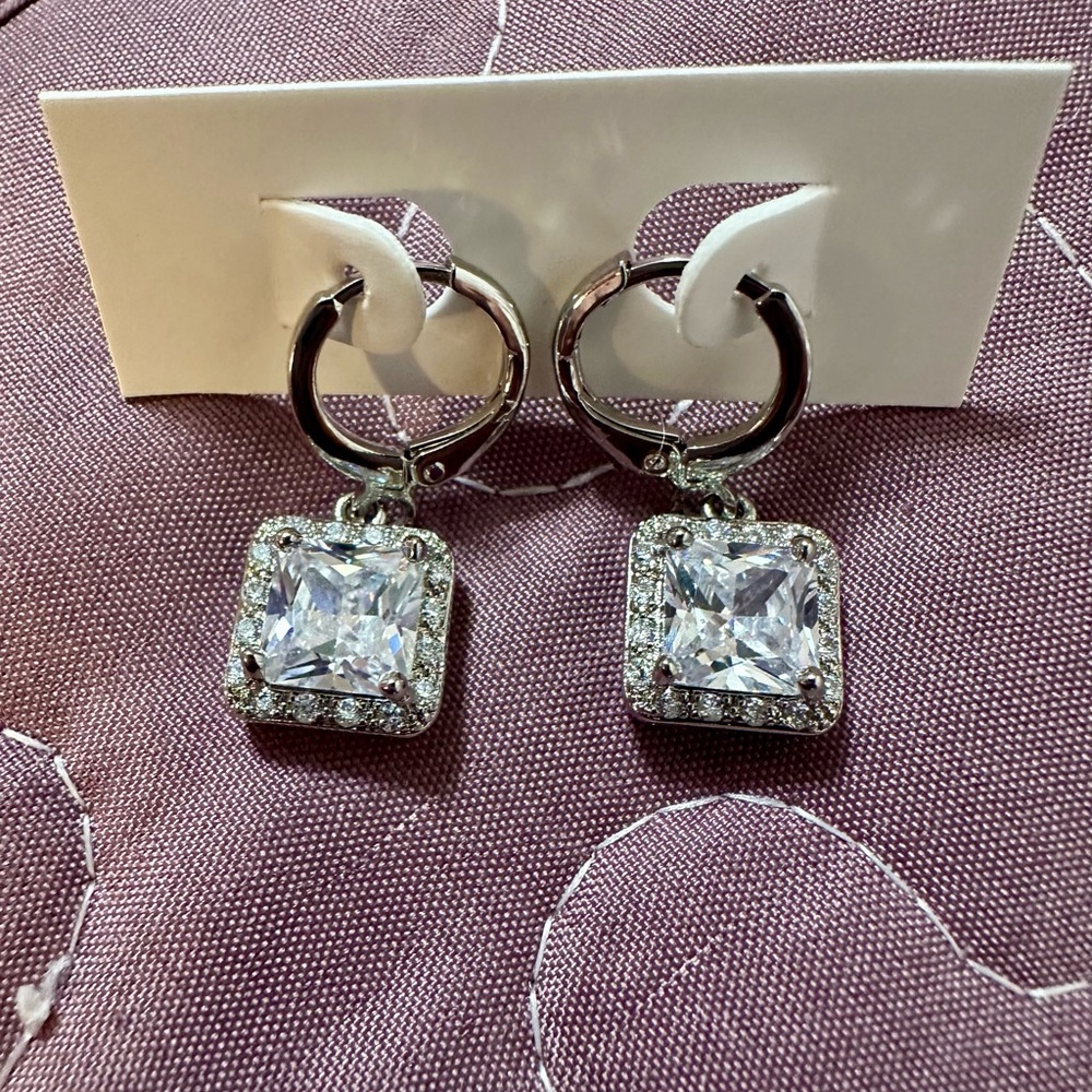 Silver-Tone Clear Square Halo Drop Earrings - Women Jewelry